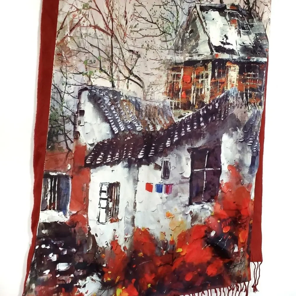 Beautiful Printed Silk Scarf Village Painting Watercolor Fringe Artwork